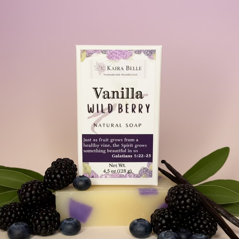 Bar of vanilla wild berry soap with a Kaira Belle label on a gray background