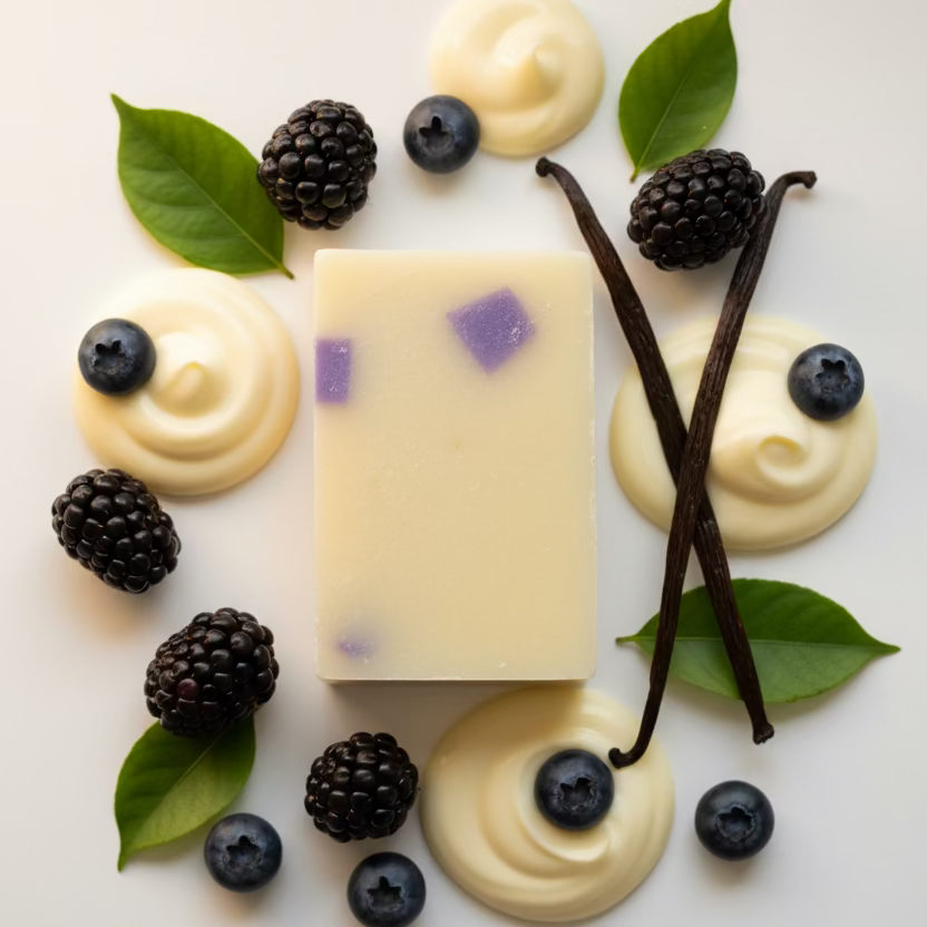 Yellow bar of soap with purple specks on a white background